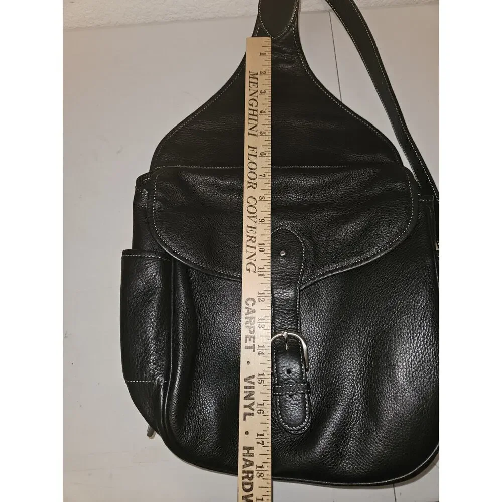 Levenger Black Leather Saddlebag Sling Backpack Bag Black EUC